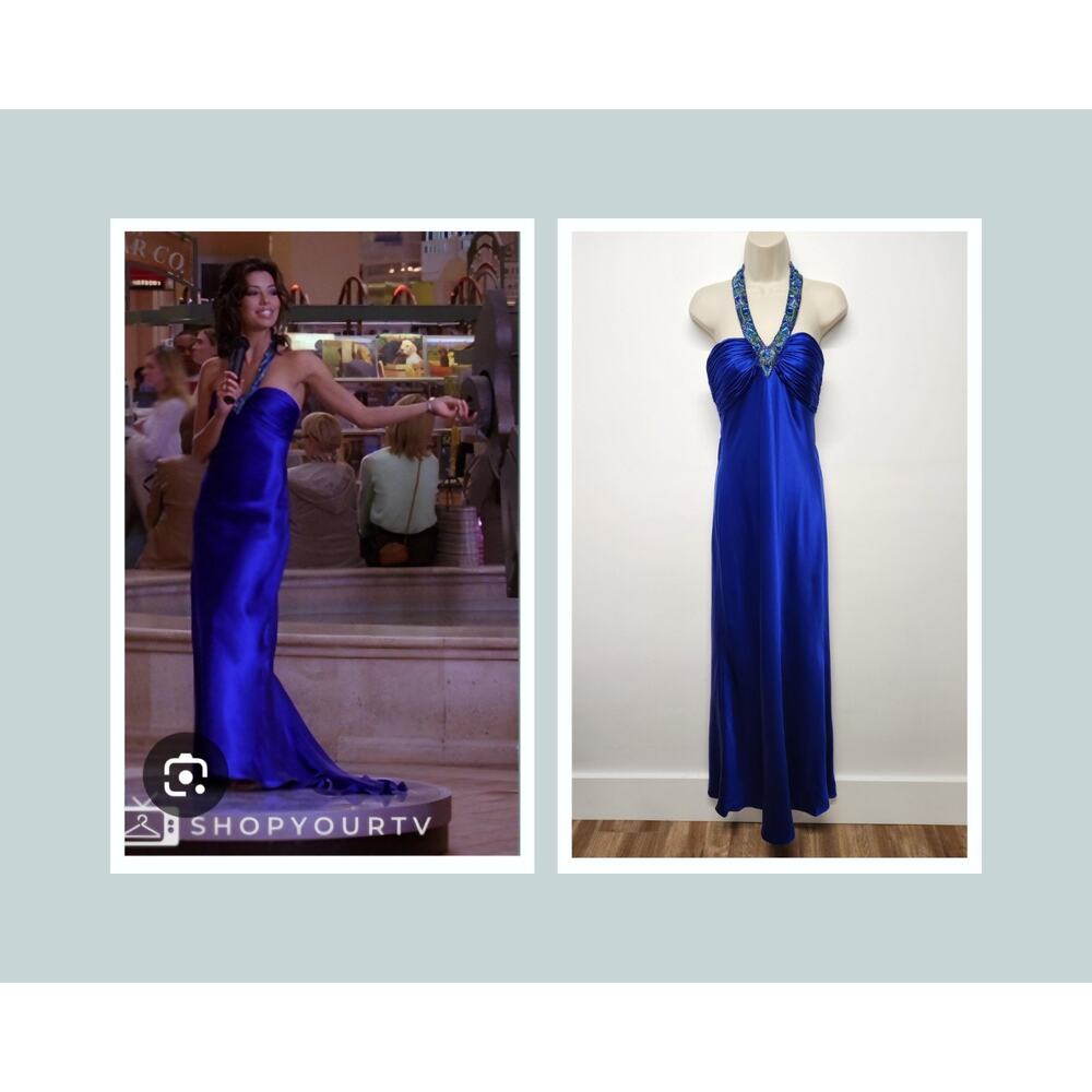 Cache Y2K Women's Silk Maxi Halter Beaded Gown/Dress, Sz6 Cobalt Blue, Celebrity